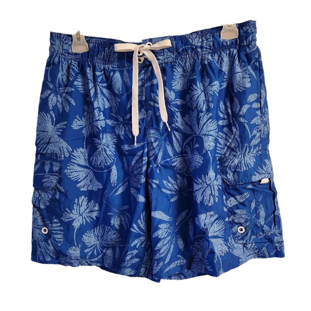 OP Men Size LG 36-38 Swimsuit Blue White Tropical Palm Leaves Print Pockets EUC